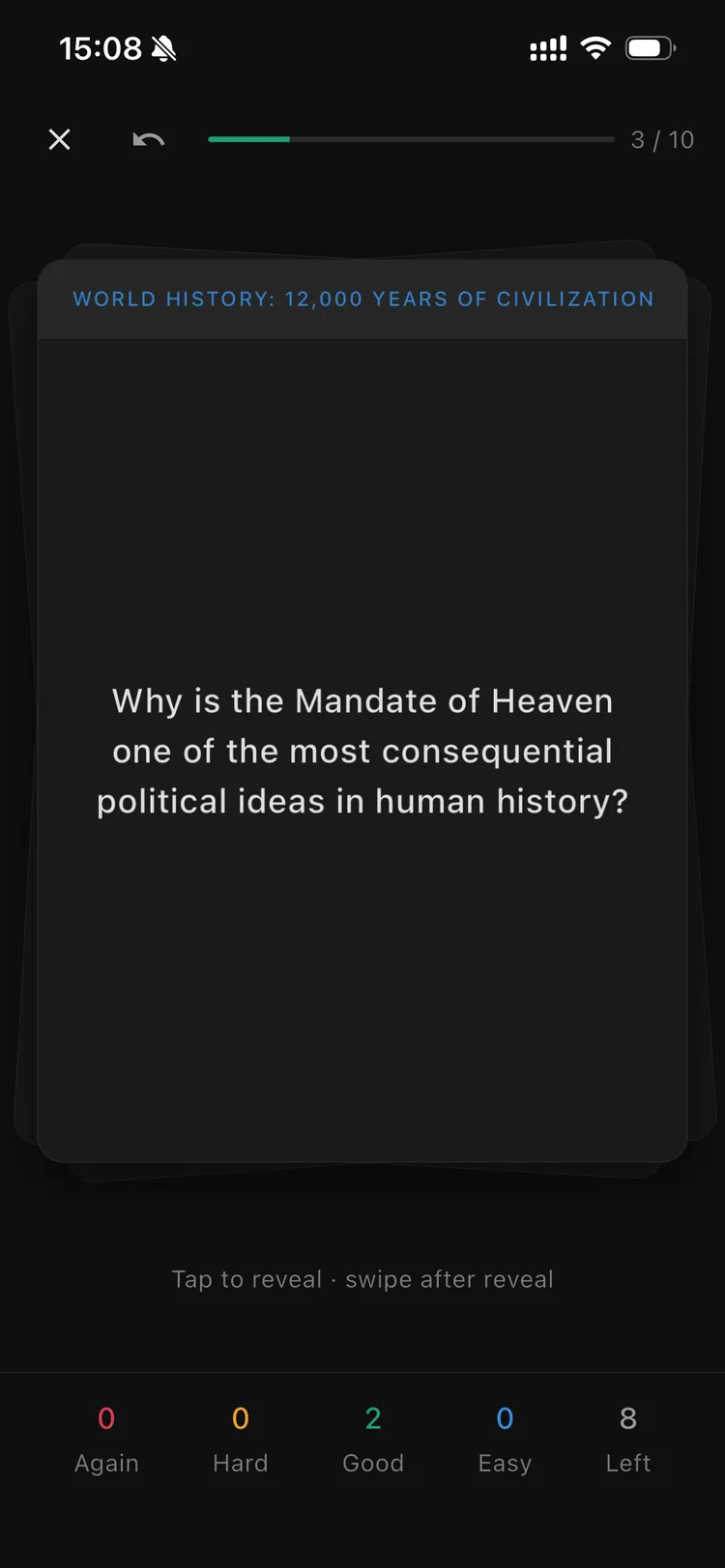 An Orbis flashcard asking why the Mandate of Heaven is one of the most consequential political ideas in history.