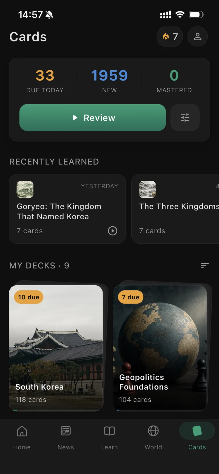 The Orbis Cards tab showing cards due today and decks for South Korea and Geopolitics Foundations.