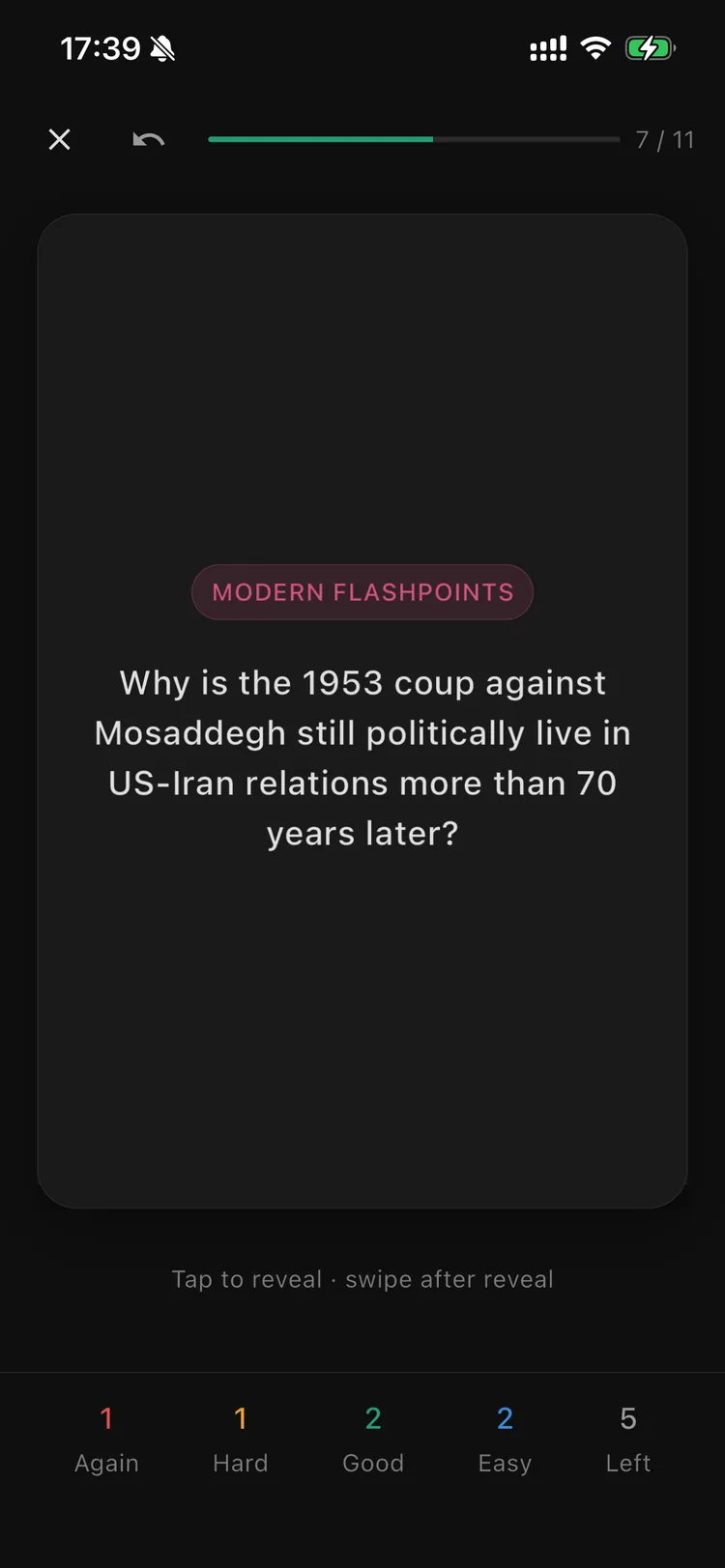 An Orbis spaced-repetition flashcard asking why the 1953 coup in Iran happened.