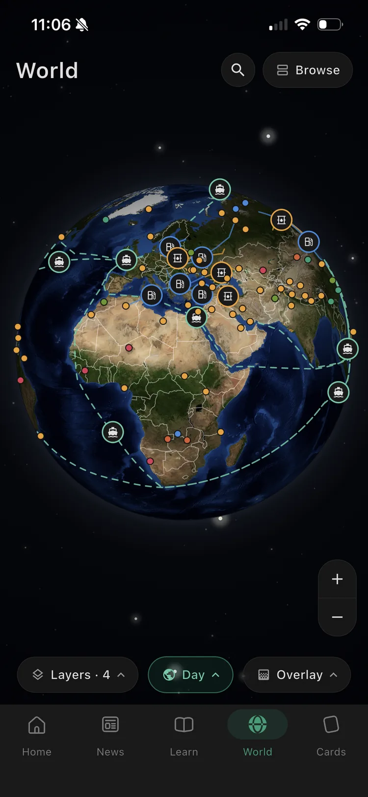 The Orbis globe in day view, with flashpoints, chokepoints and dashed trade routes across Africa, Europe and Asia.