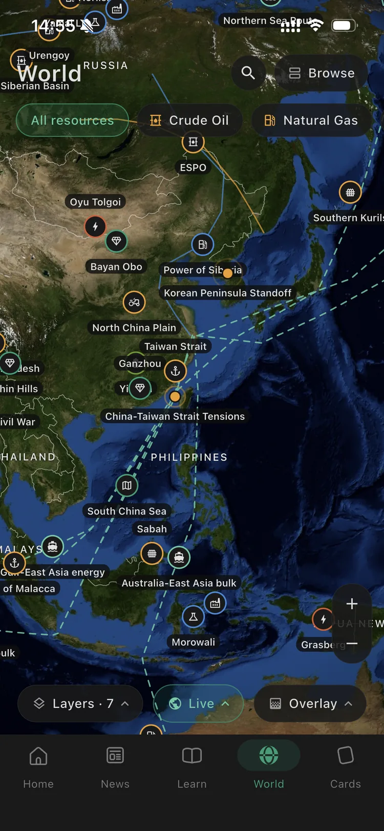 A satellite view of East Asia with labelled trade routes, the Taiwan Strait, the South China Sea and the Strait of Malacca.