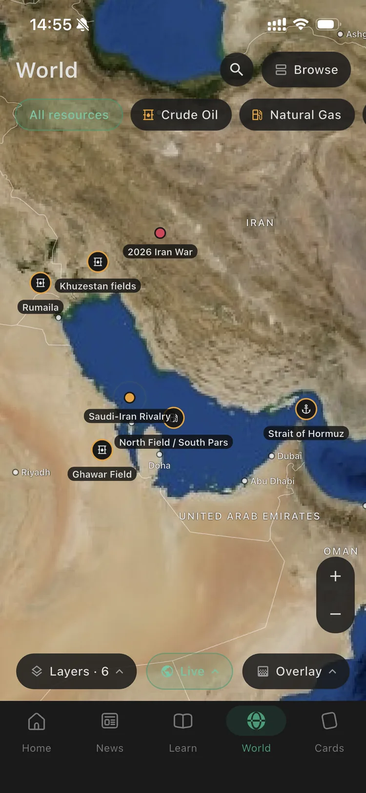 A satellite view of the Persian Gulf marking the Ghawar field, Rumaila, the North Field and the Strait of Hormuz.