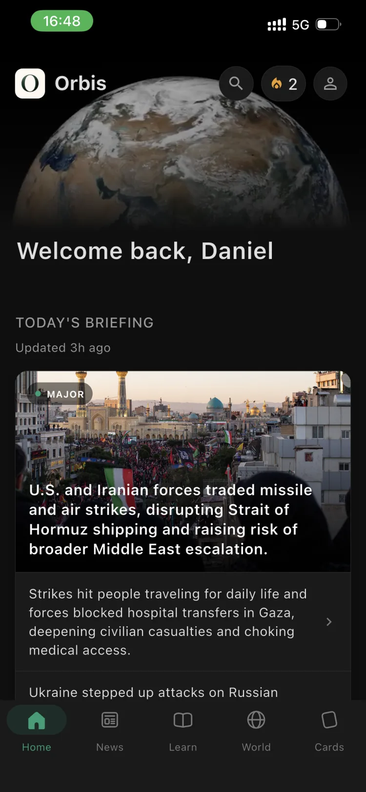 The Orbis app home screen: today's briefing with the day's major stories, beneath a globe.