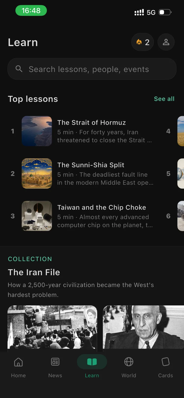 The Orbis Learn tab: top lessons, search, and curated collections like “The Iran File.”