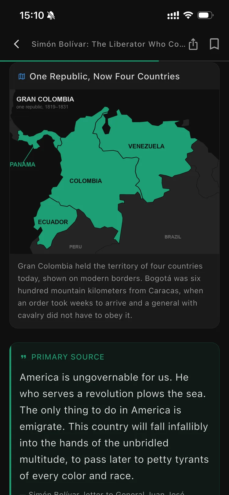 An Orbis lesson on Simón Bolívar showing a map of Gran Colombia and a primary-source quotation.
