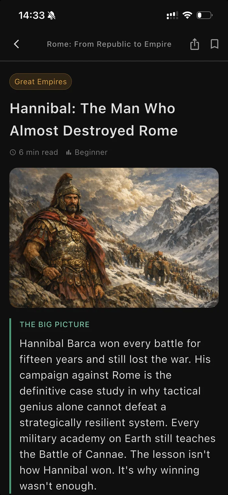 An Orbis lesson on Hannibal, the man who almost destroyed Rome, with a painting of his army crossing the Alps.