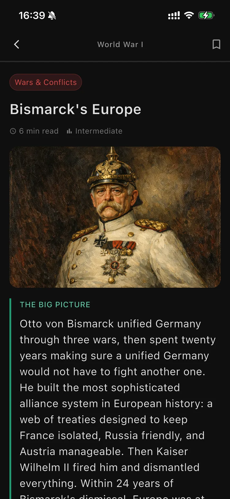 An Orbis lesson, “Bismarck's Europe,” with a period illustration and explanatory text.