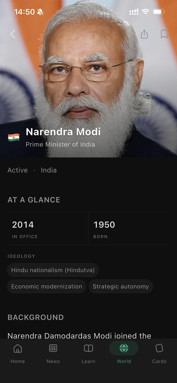 The Orbis leader page for Narendra Modi, with years in office, ideology and background.