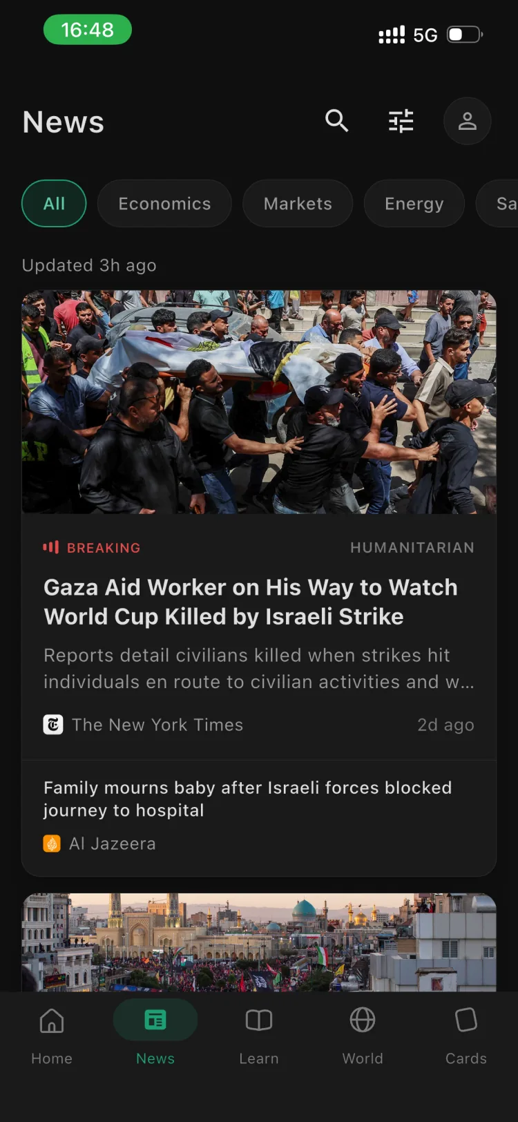 The Orbis news feed: stories from major outlets, filterable by topic, each linked to the context behind it.