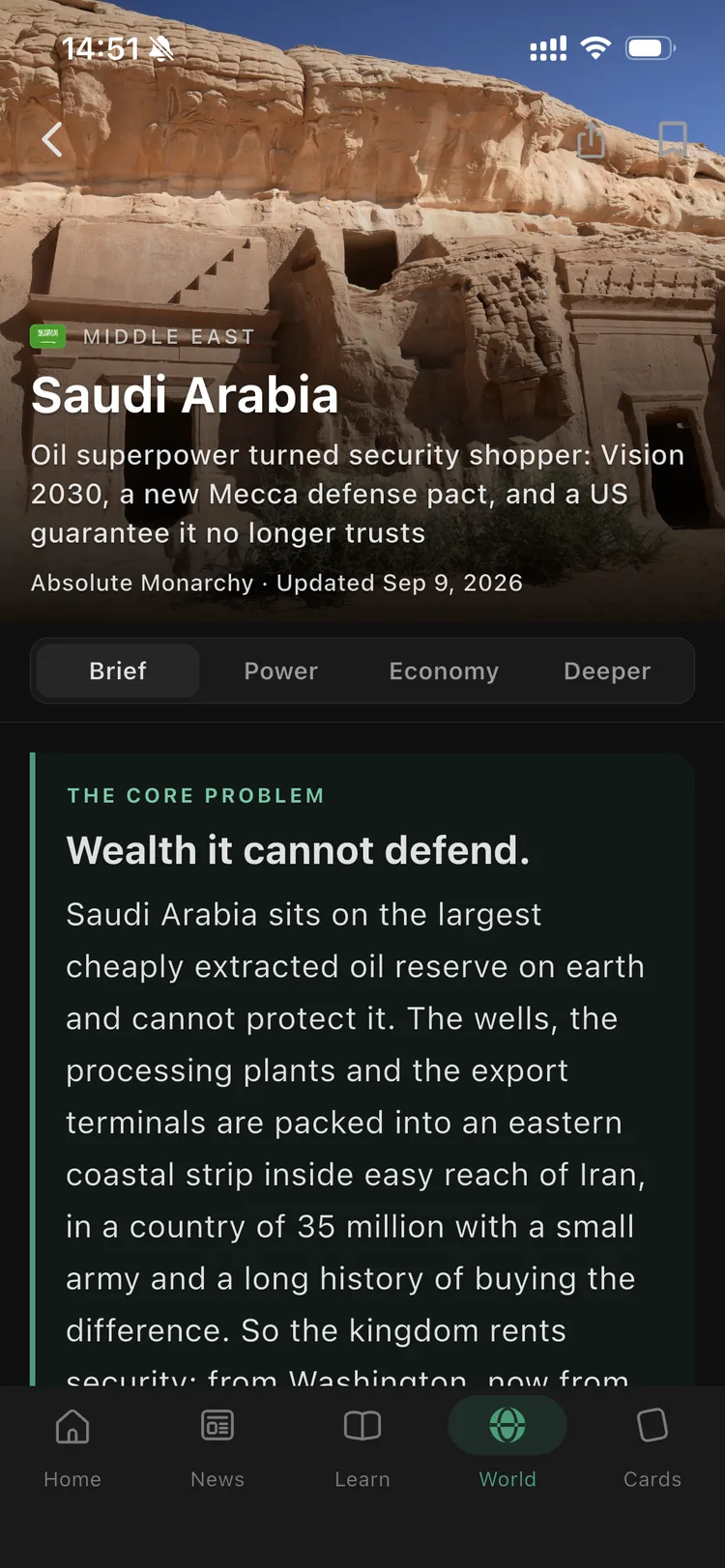 The Orbis country page for Saudi Arabia, opening with the core problem: wealth it cannot defend.