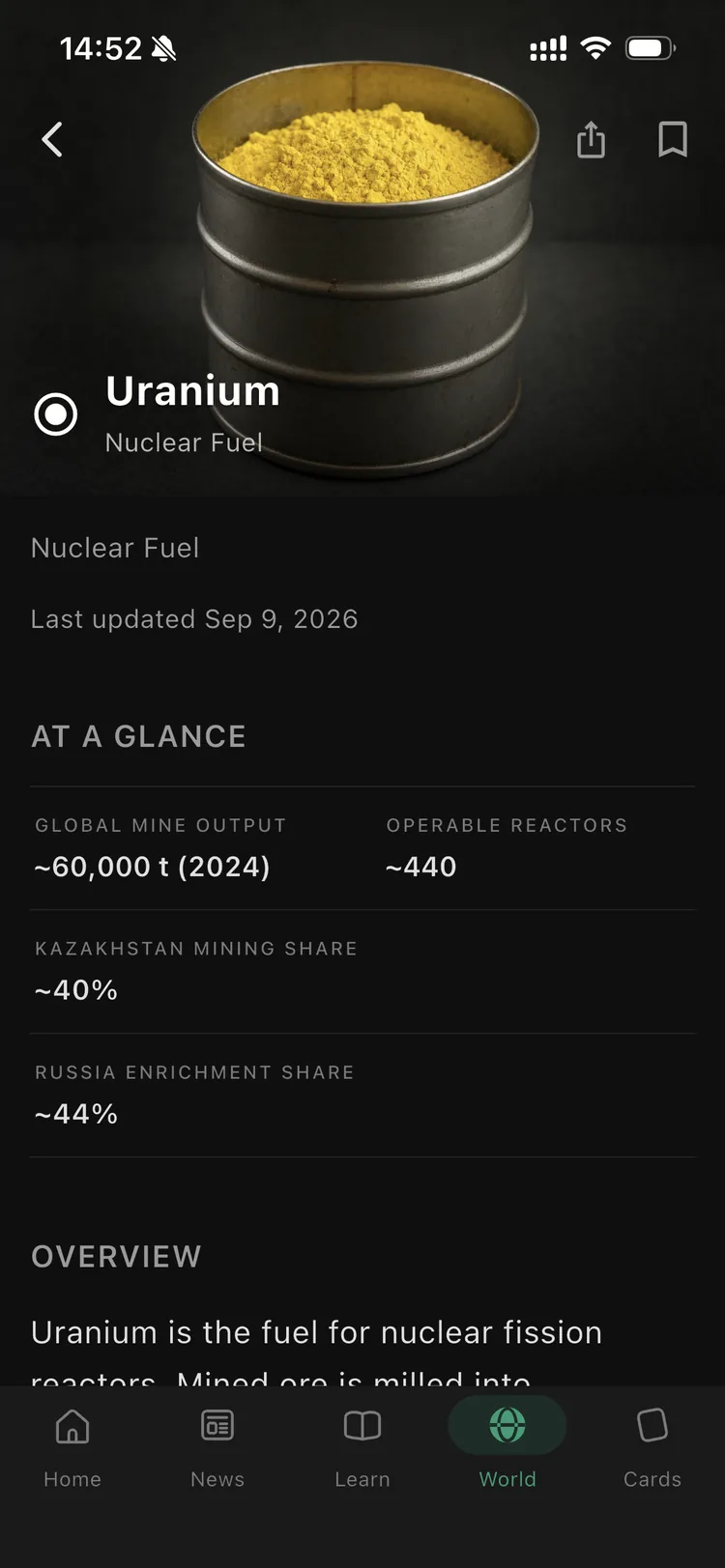 The Orbis resource page for uranium, with global mine output, reactor count and the main producers.