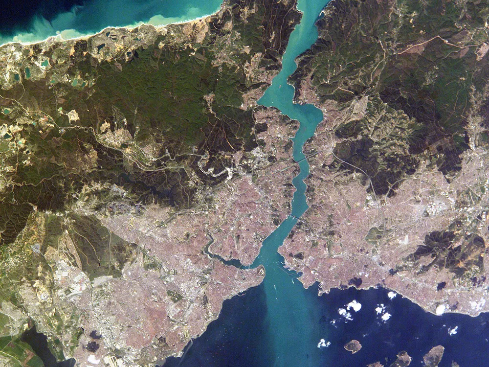 Istanbul and the Bosphorus seen from the International Space Station, with the Black Sea at the top