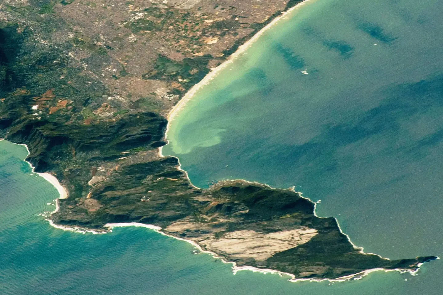 The Cape Peninsula seen from the International Space Station, with Cape Town at top left, False Bay at top right and Cape Point at the far tip