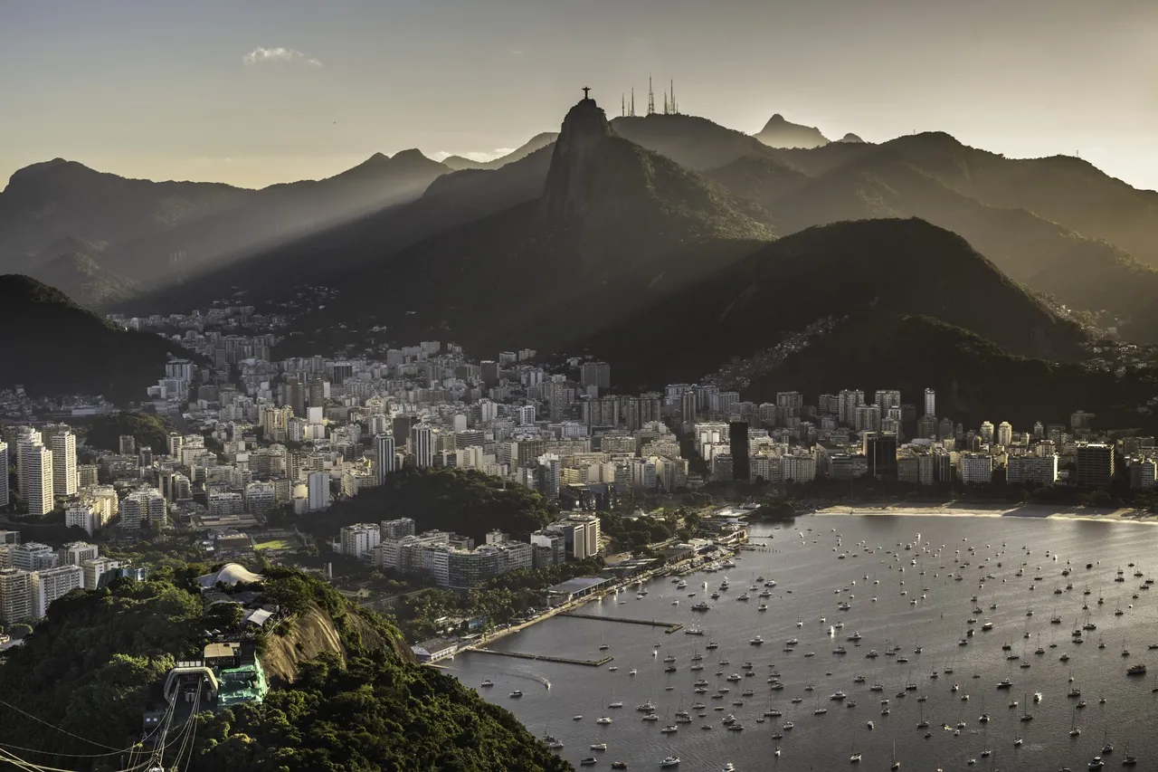 Rio de Janeiro and Botafogo Bay below Corcovado mountain and the Christ the Redeemer statue