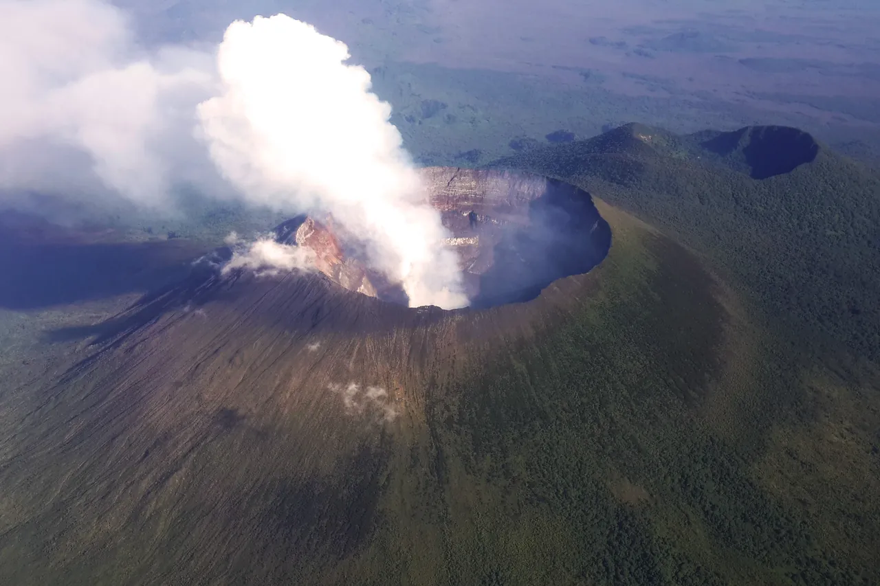 Aerial view of the steaming crater of Mount Nyiragongo in eastern DR Congo