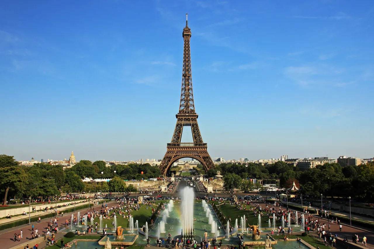 The Eiffel Tower in Paris seen from the Trocadéro, with fountains and crowds in the foreground