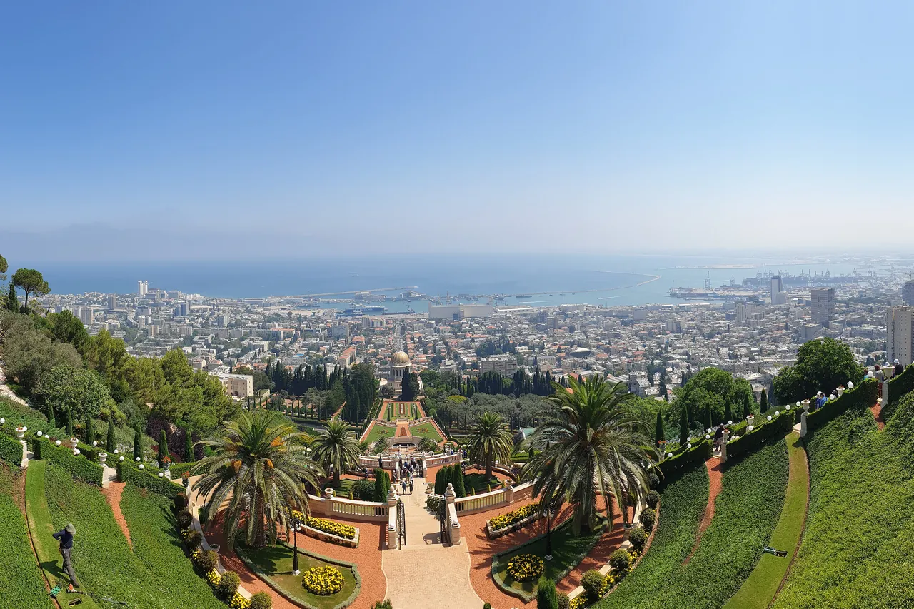 The terraced Bahá'í Gardens on Mount Carmel, looking down over Haifa and its port