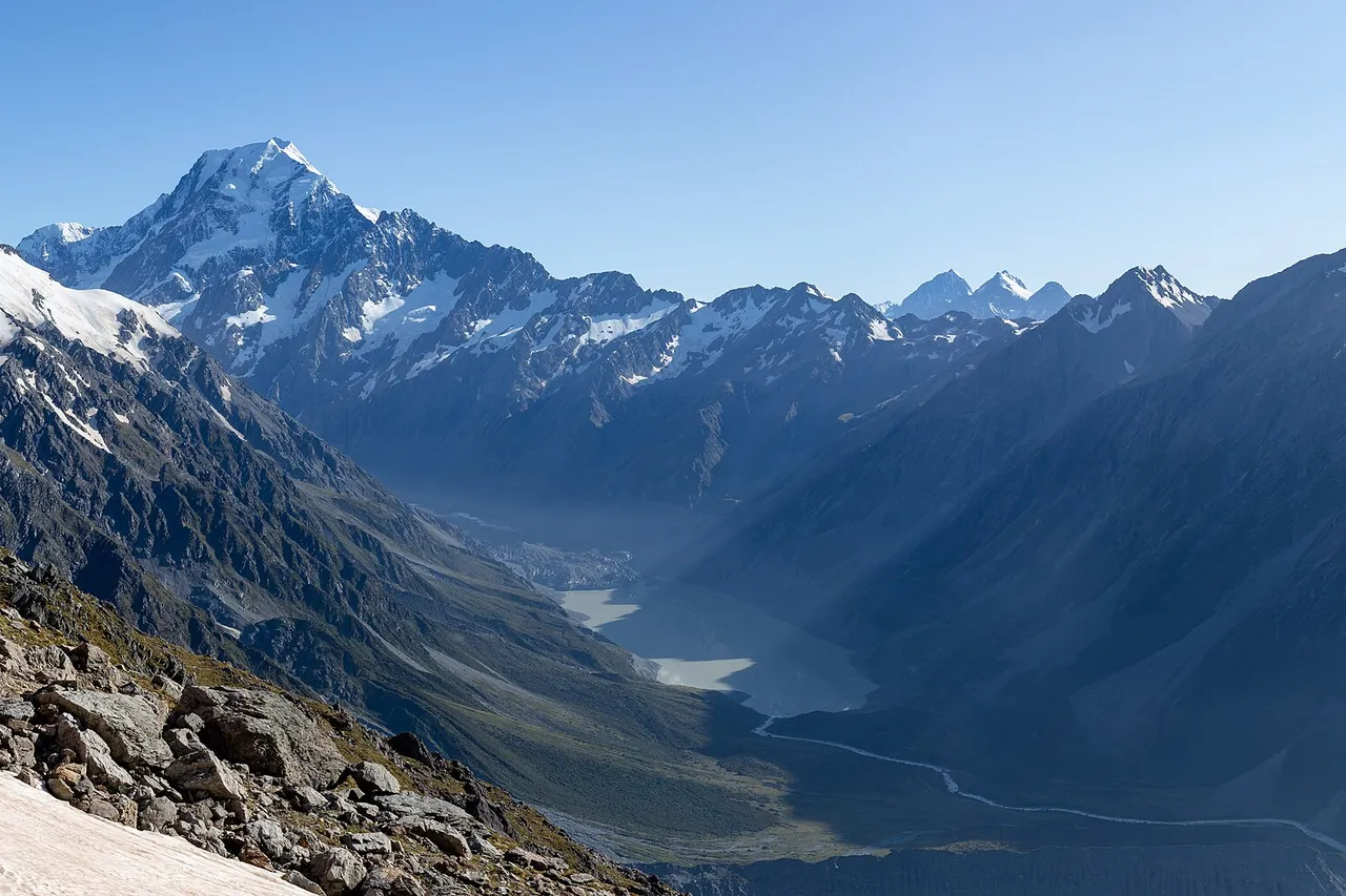 The snow-covered peak of Aoraki/Mount Cook rises above a long glacial valley with a pale lake, seen from a rocky mountain ridge
