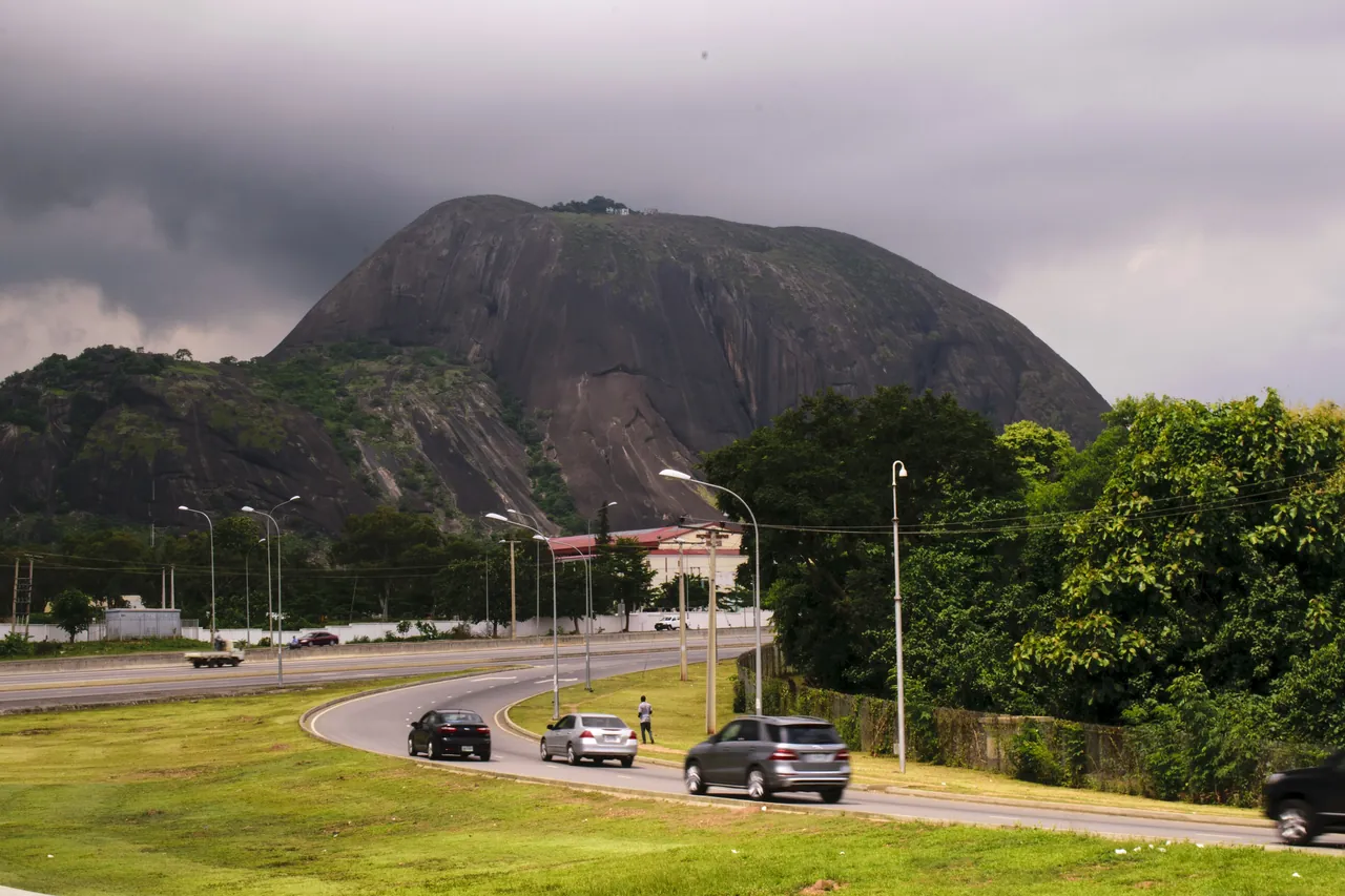 Aso Rock, the granite outcrop that rises over Abuja, seen from a road in the capital