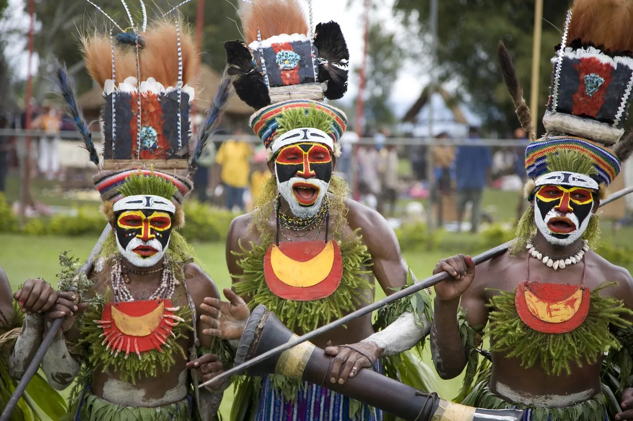 Three dancers at the Goroka Show with faces painted black, white, red and yellow, tall feathered headdresses and leaf skirts, one holding a long drum