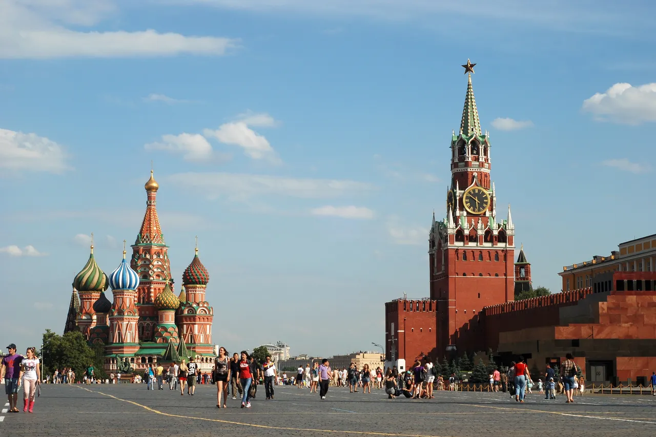 Red Square in Moscow with St. Basil's Cathedral and the Kremlin's Spasskaya Tower