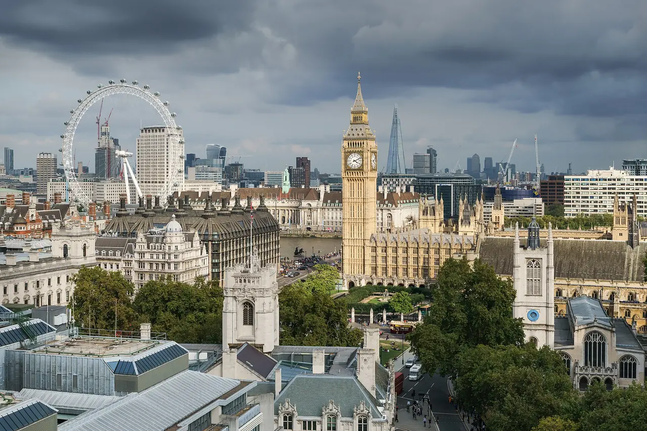 The Palace of Westminster and Big Ben by the Thames, with the London Eye and the City of London behind