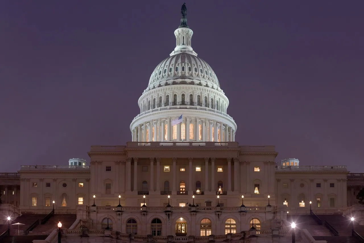 The US Capitol in Washington, lit up at night