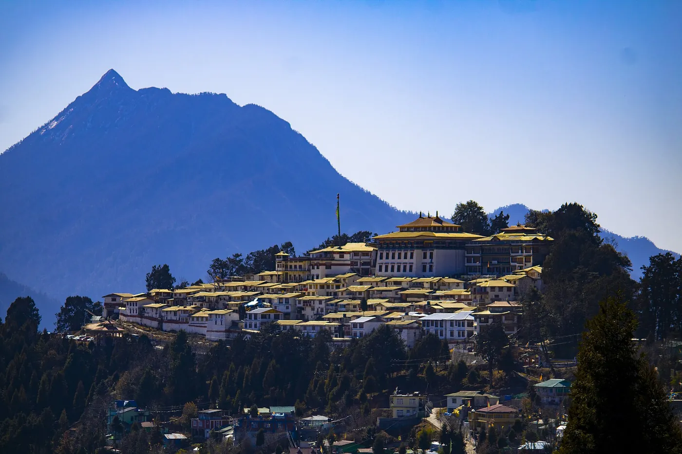 Tawang Monastery's white buildings with golden roofs on a forested ridge, below a steep, pointed peak