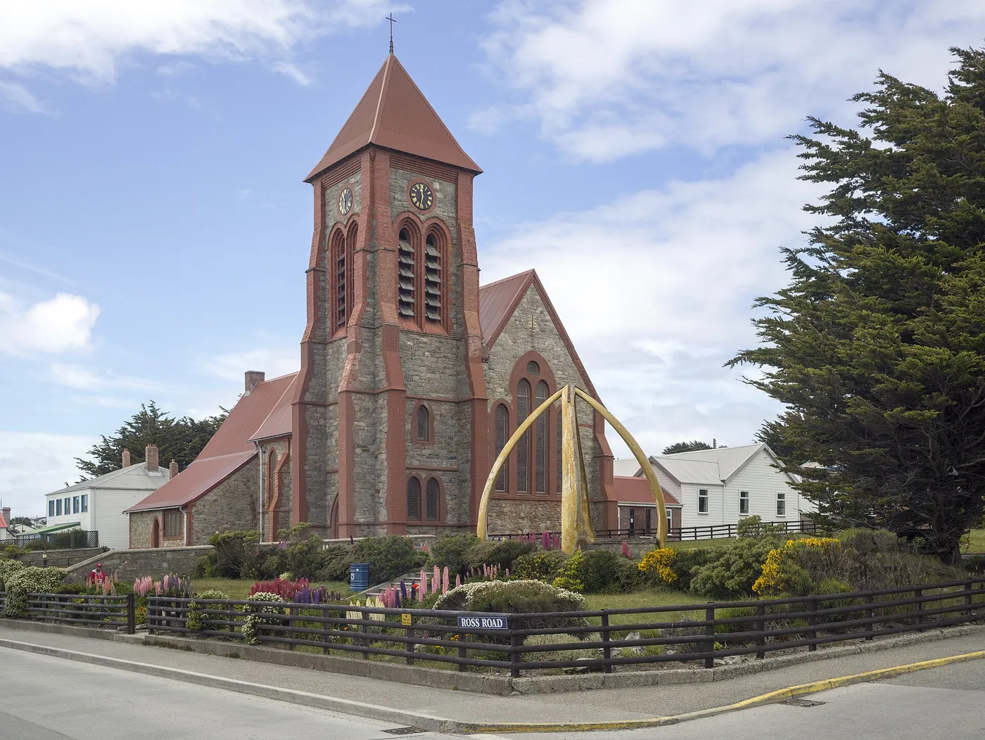Christ Church Cathedral and the whalebone arch in Stanley, Falkland Islands