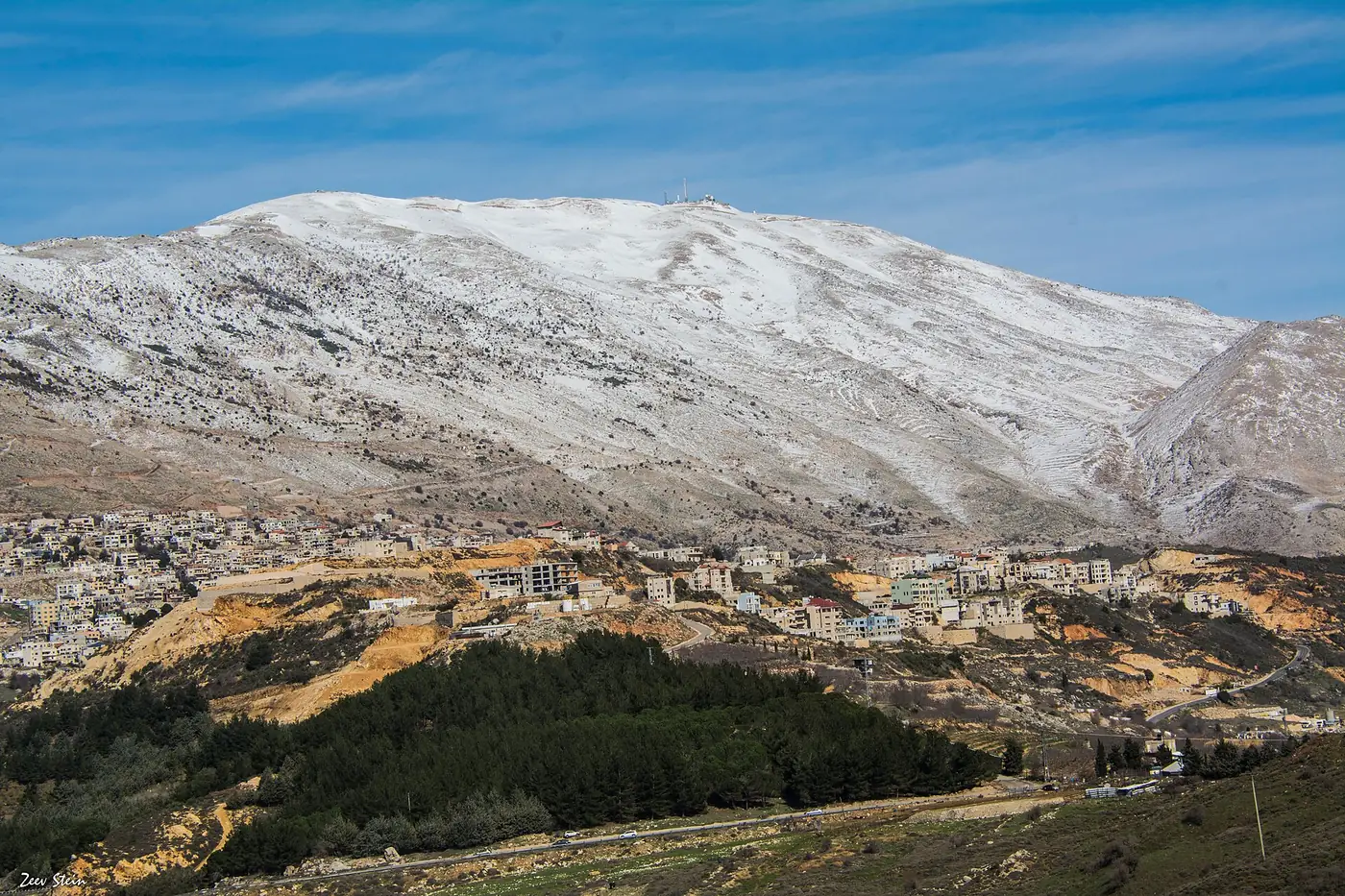 The Druze town of Majdal Shams below the snow-covered slopes of Mount Hermon