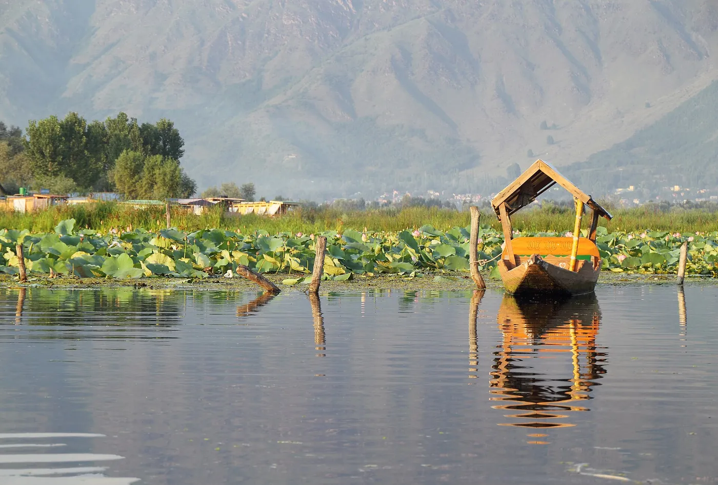 An empty shikara boat on Dal Lake in Srinagar, with mountains behind