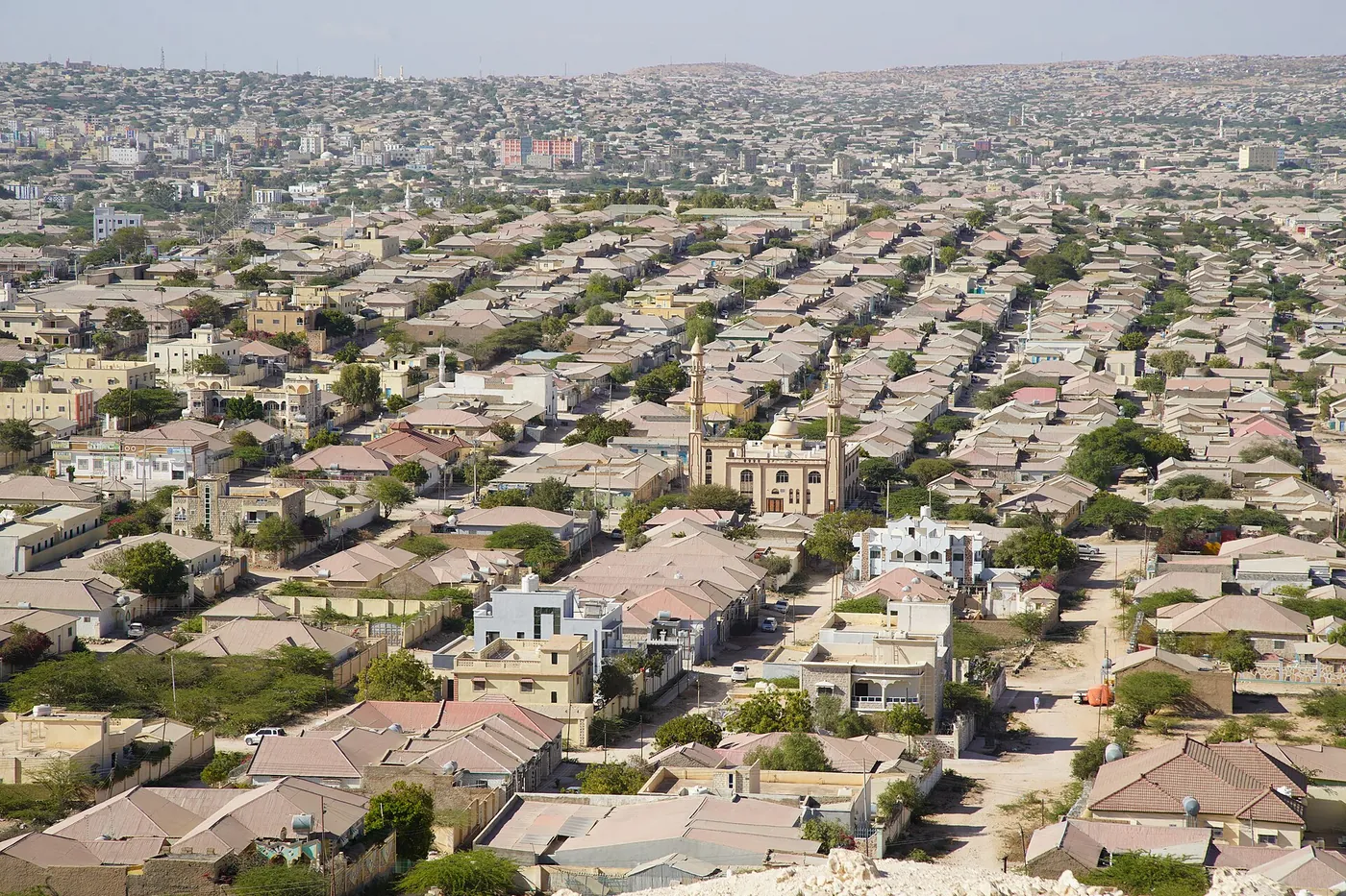 Rows of low houses, trees and a mosque in Hargeisa, seen from a hill